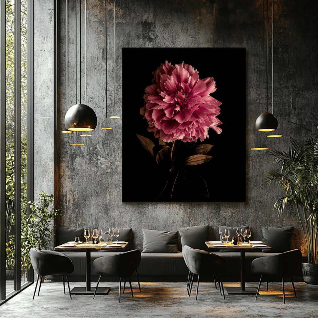 Velvet Dreams bordeaux pioenroos print in industrieel Nederlands restaurant met betonnen wanden grijze stoelen gedekte tafels luxe dining