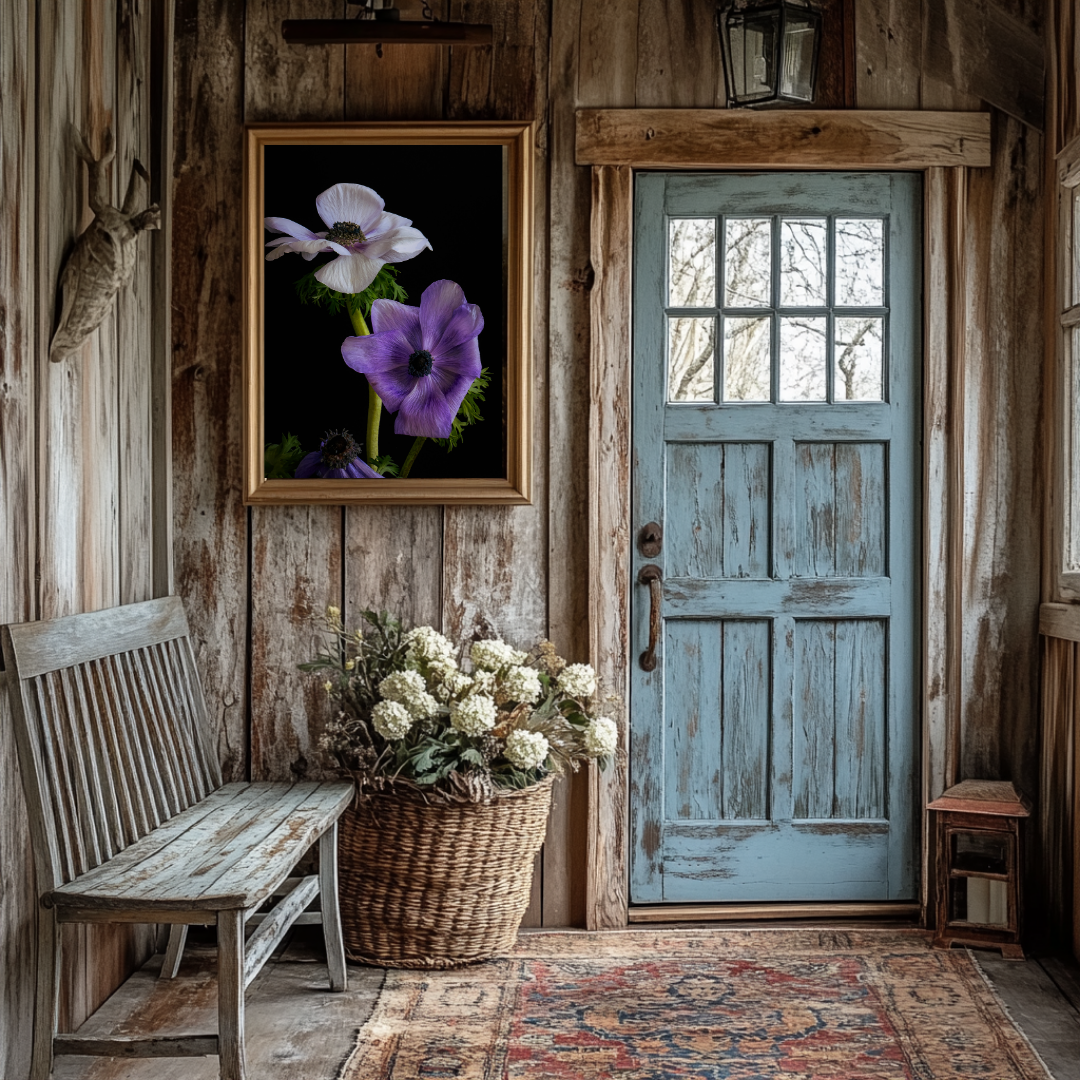 Amethyst Garden anemonen print in gouden lijst opgehangen in rustiek landelijk interieur met verweerde houten wanden en blauwe deur