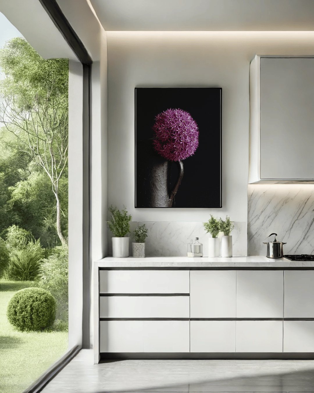 Minimalistische, lichte ruimte met strakke witte ladekasten onder een marmeren werkblad. Aan de muur hangt een kunstwerk van een paarse allium bloem tegen een zwarte achtergrond. Links is een grote glazen wand met uitzicht op een groene tuin met bomen en strak gesnoeide struiken. Kleine groene planten in witte potten op het werkblad brengen een natuurlijk element naar binnen, terwijl indirecte verlichting aan het plafond voor een zachte sfeer zorgt.