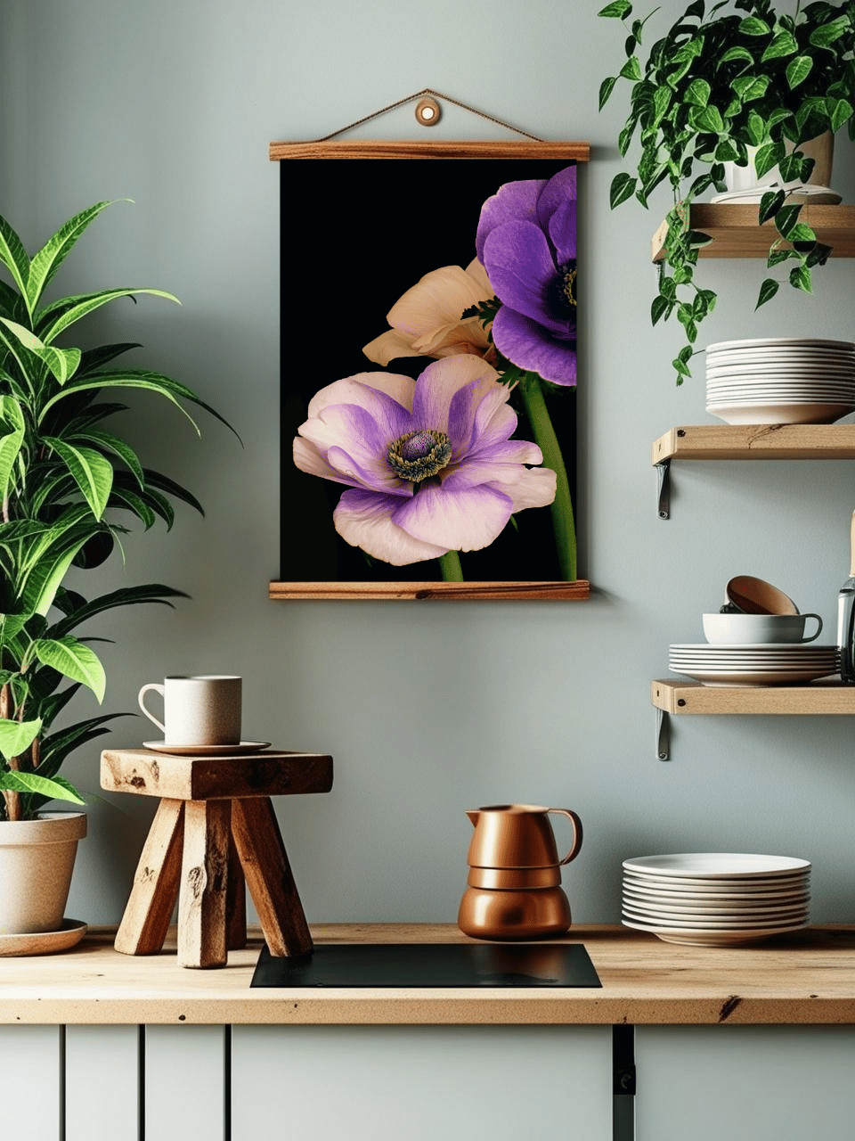 De afbeelding toont een stijlvolle keuken- of eetkamerruimte met een rustige, natuurlijke inrichting. Centraal aan de muur hangt een kunstwerk met dezelfde paarse en roze-lila anemoonbloemen tegen een zwarte achtergrond die we in de vorige afbeeldingen hebben gezien, dit keer in een houten frame met ophangsysteem.