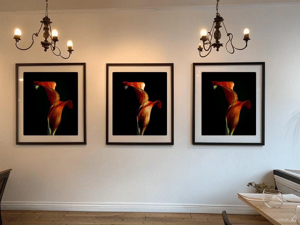 Drie identieke Scarlet Swirl calla kunstprints in galerij-opstelling met klassieke kroonluchters, symmetrische wanddecoratie in elegante ruimte