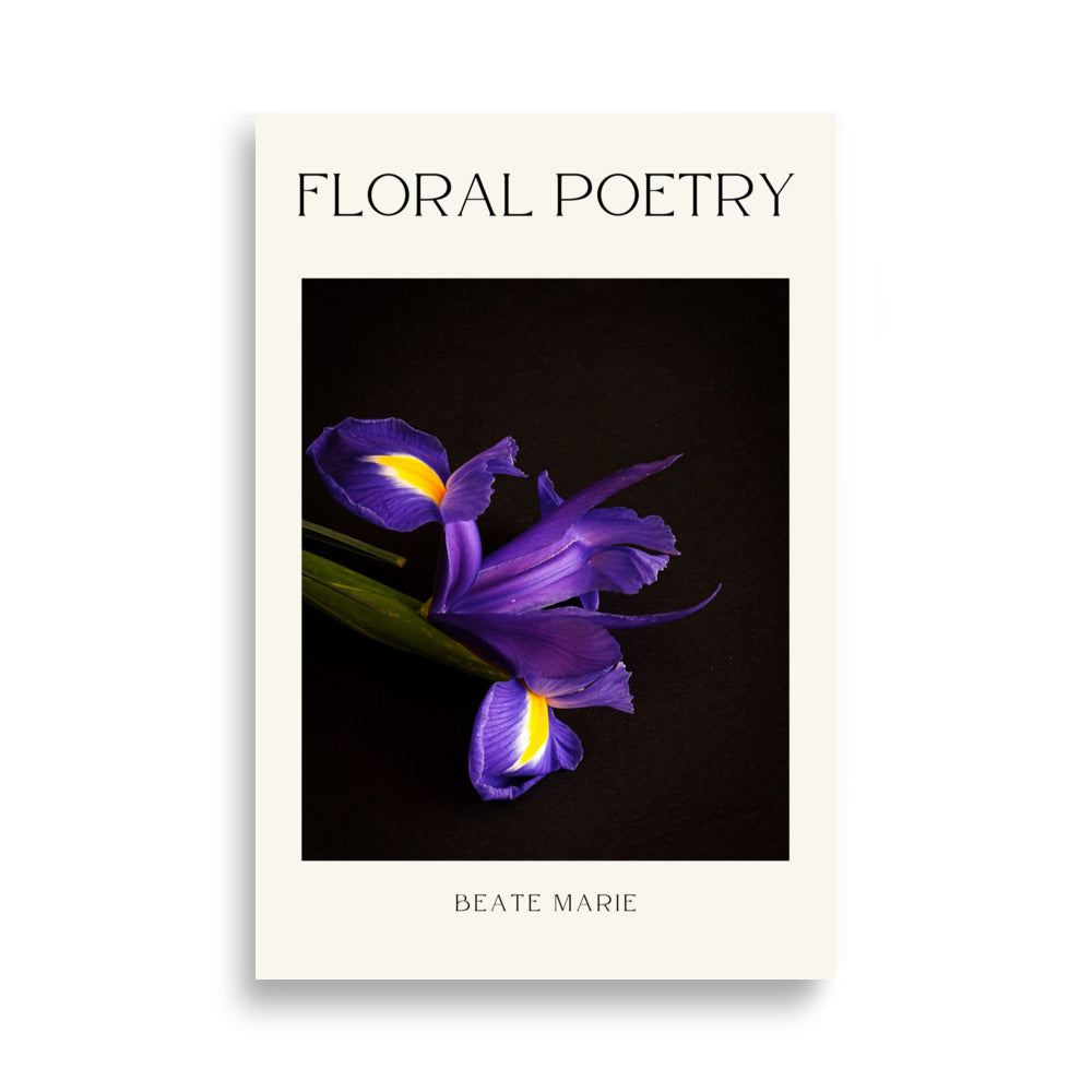 Kunstfoto getiteld "FLORAL POETRY" toont een paarse iris tegen een zwarte achtergrond. De bloem heeft opvallende gele accenten in het hart. Groene stengel zichtbaar. De foto is omlijst door een witte rand met de titel bovenaan en de naam "BEATE MARIE" onderaan. 61x91 cm