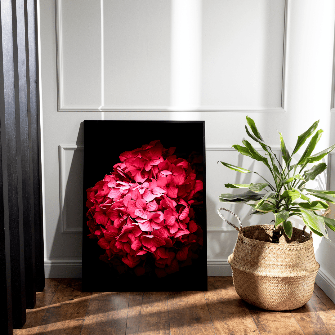 Roze hortensia kunstprint tegen witte lambrisering naast rieten plantenmand, landelijke cottage styling met natuurlijke decoratie elementen