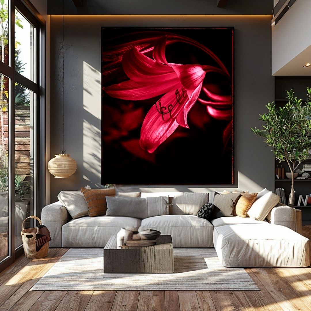 Crimson Whispers rode lelie kunstprint boven beige bank in moderne woonkamer met houten accenten en natuurlijke styling, warme interieur sfeer