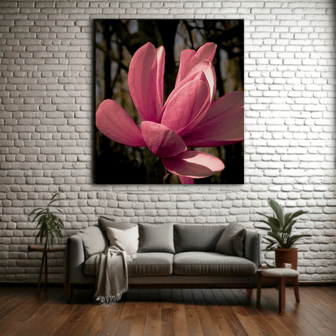 Pink Magnolia Elegance vierkante print tegen witte bakstenen muur boven grijze bank, voorjaars botanische kunst in modern industrieel interieur