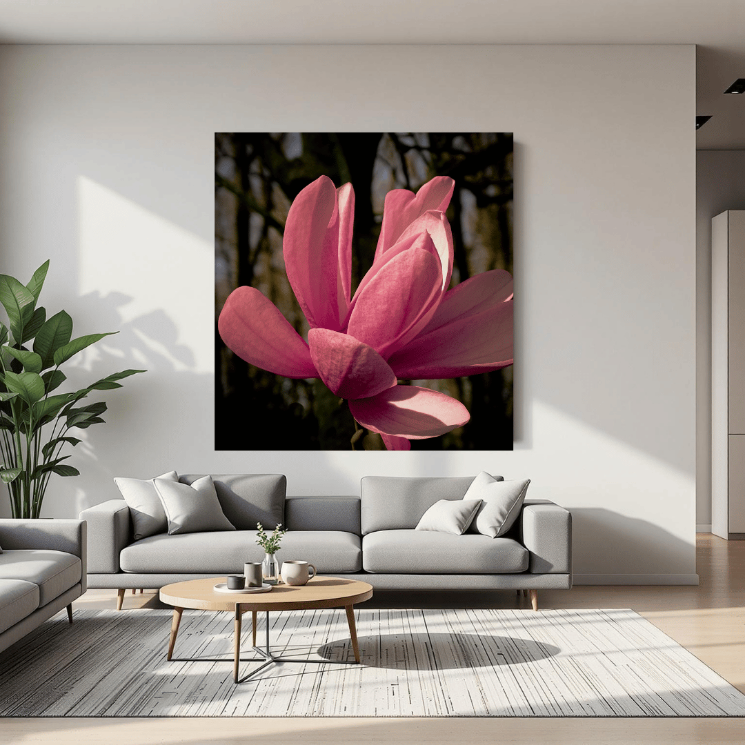 Vierkante magnolia wandkunst in lichte moderne woonkamer boven grijze bank met veel natuurlijk licht en minimalistische decoratie elementen