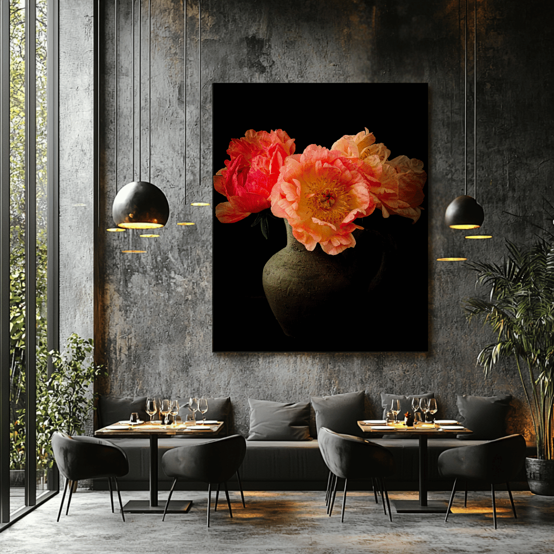 Coral Elegance koraal pioenroos wanddecoratie in industrieel Nederlands restaurant met betonnen muren zwarte hanglampen gedekte tafels