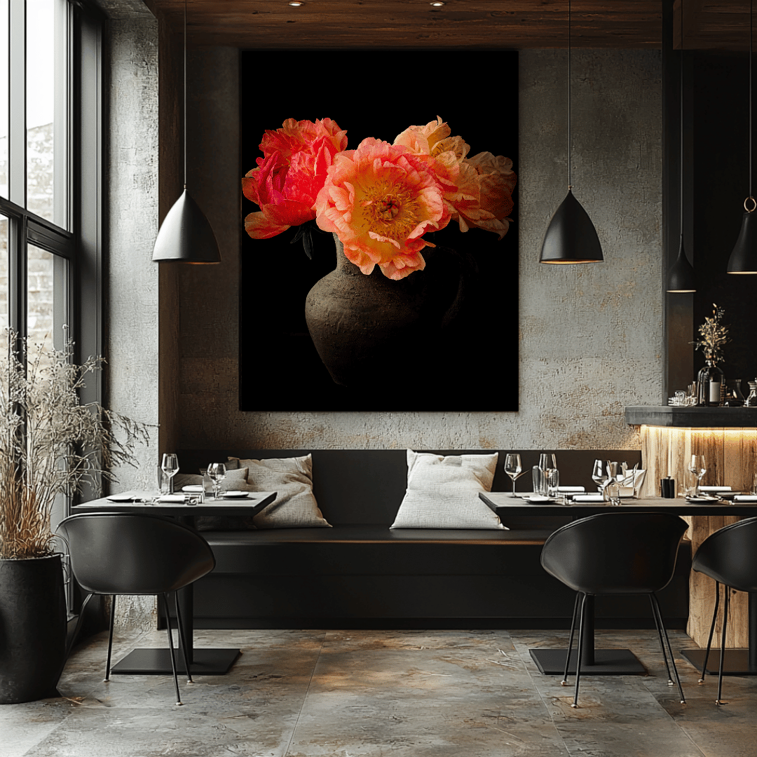 Luxe pioenroos botanische print boven moderne eethoek met houten accenten betonnen wanden zwarte designstoelen Nederlandse horeca