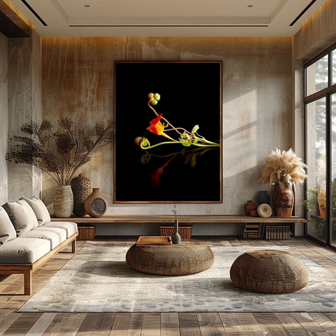 Nasturtium Nocturne dansende oostindische kers print in moderne woonkamer met natuurlijke materialen en rieten decoratie elementen styling