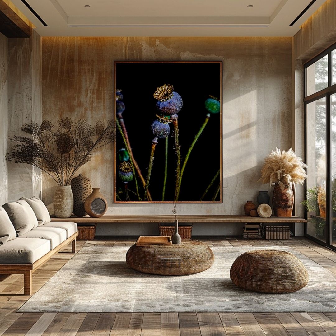 Premium klaproos fine art print groot formaat in luxe woonkamer met rotan meubels natuurlijke materialen en grote ramen licht