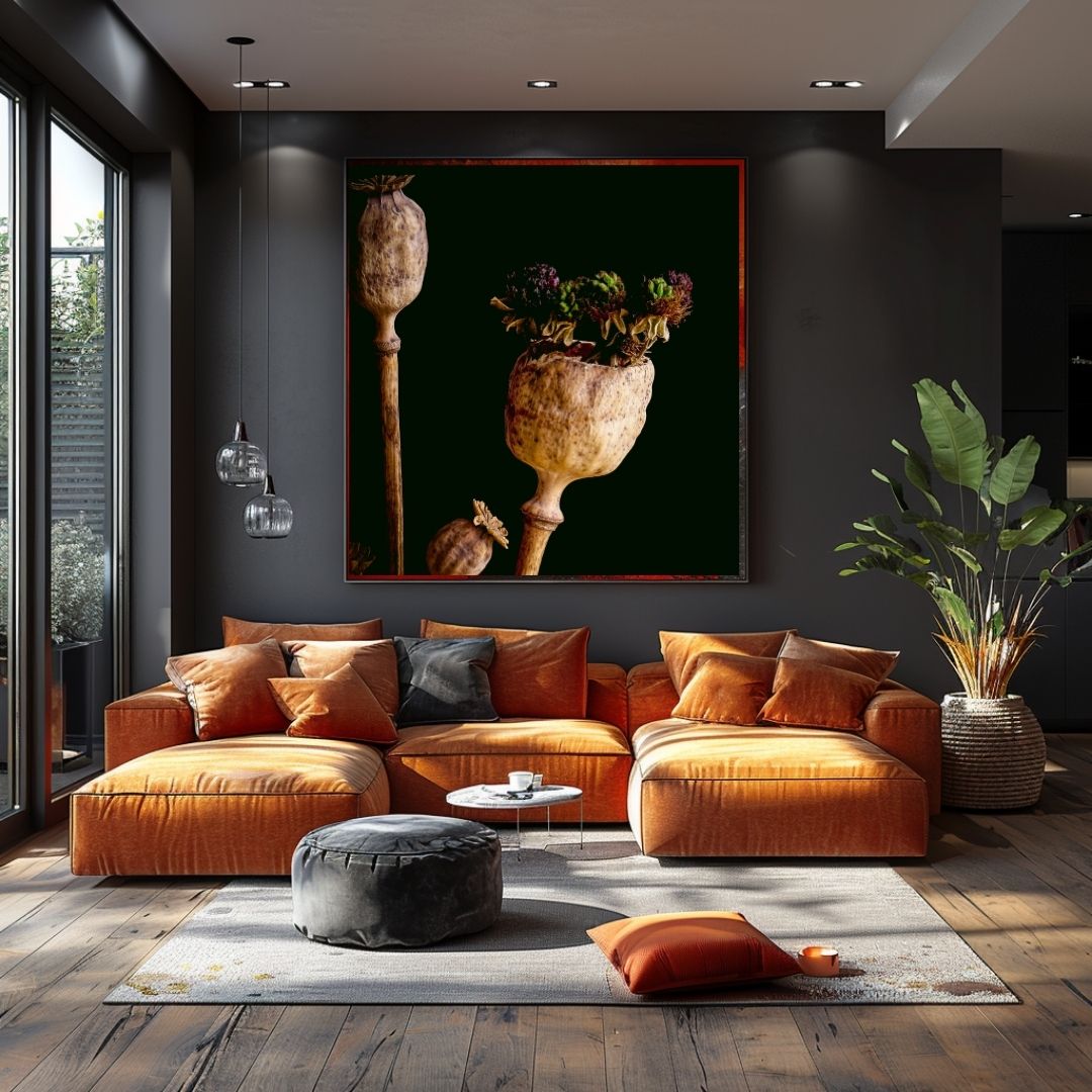 Gouden klaproos zaaddozen botanische kunst op donkere muur boven cognac leren sectional bank in luxe moderne woonkamer interieur