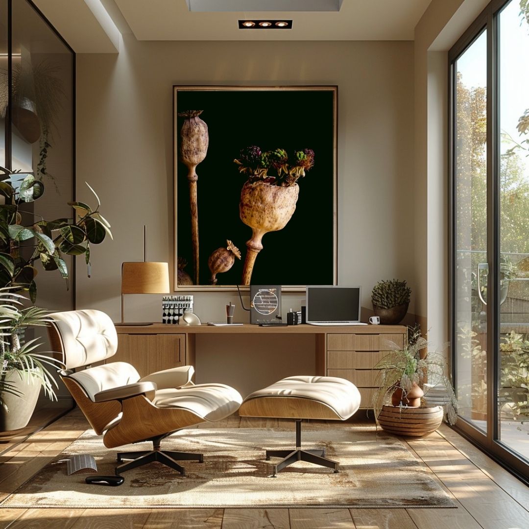 Vintage botanische klaproos wanddecoratie boven houten dressoir in mid-century modern kantoor met Eames stoel en natuurlijk licht