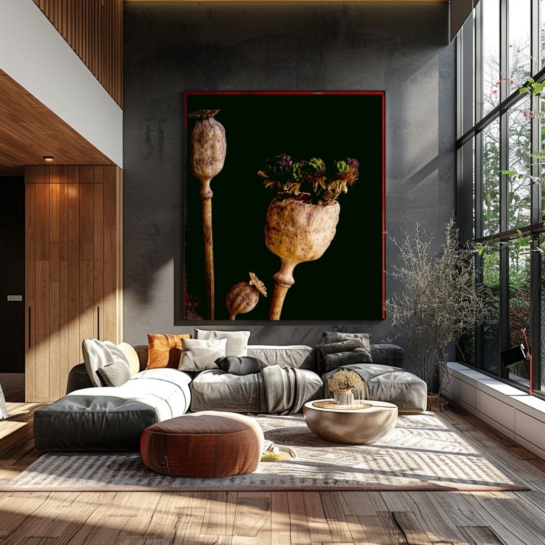 Poppy's Twilight rustieke klaproos print met rode lijst boven grijze sectional bank in moderne industriële woonkamer met betonwanden