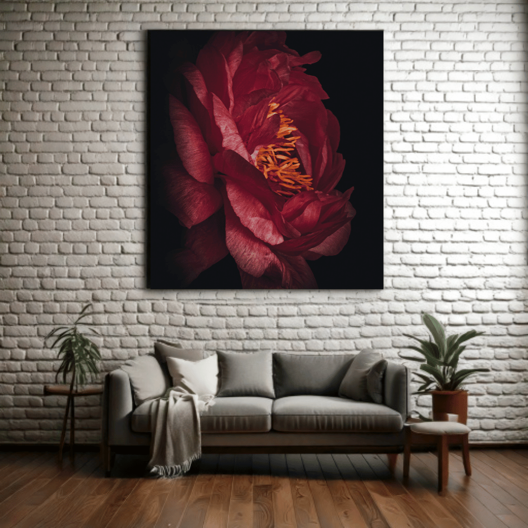 Ruby Embrace botanische print aan witte bakstenen muur boven grijze bank in industriële woonkamer met houten vloer