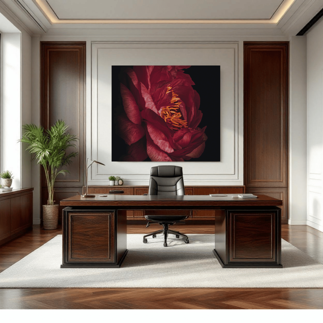 Ruby Embrace pioenroos print in wit ingelijste lijst boven luxe donkerhouten bureau in klassieke kantoorruimte