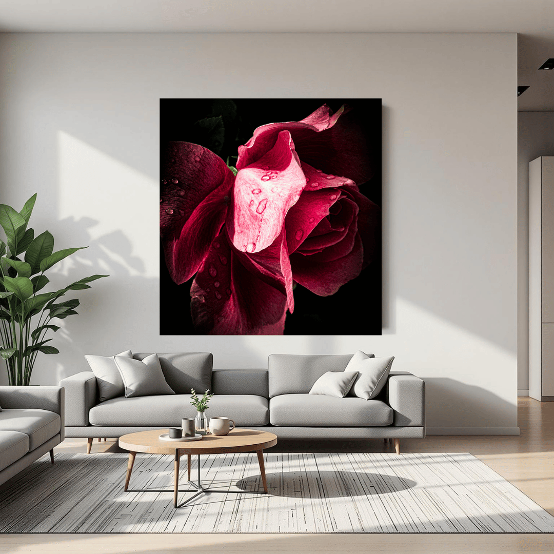 Silk & Rain botanische kunstprint boven grijze modulaire bank in lichte moderne woonkamer met houten salontafel