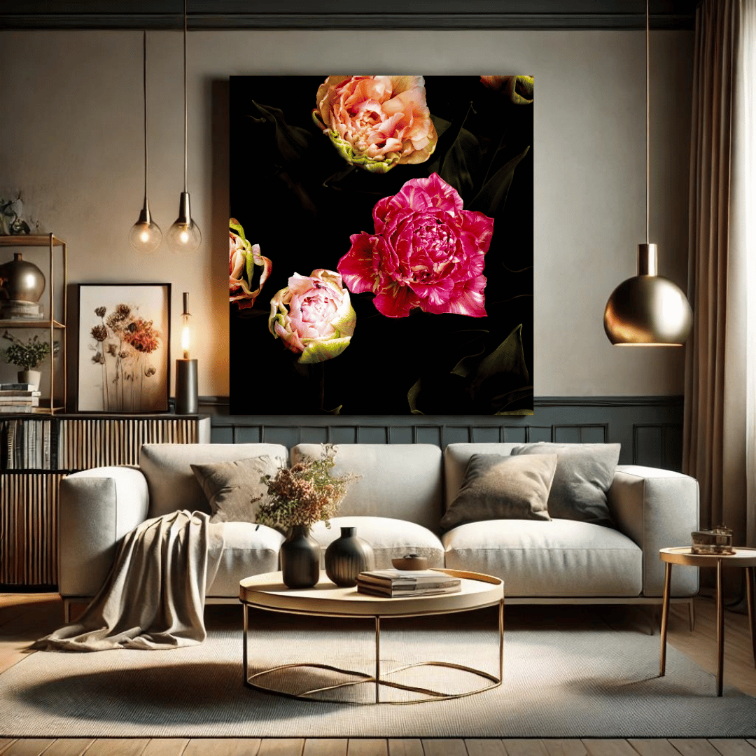 Botanische kunstprint van elegante tulpen in levendige roze en zalmtinten tegen een dramatische zwarte achtergrond