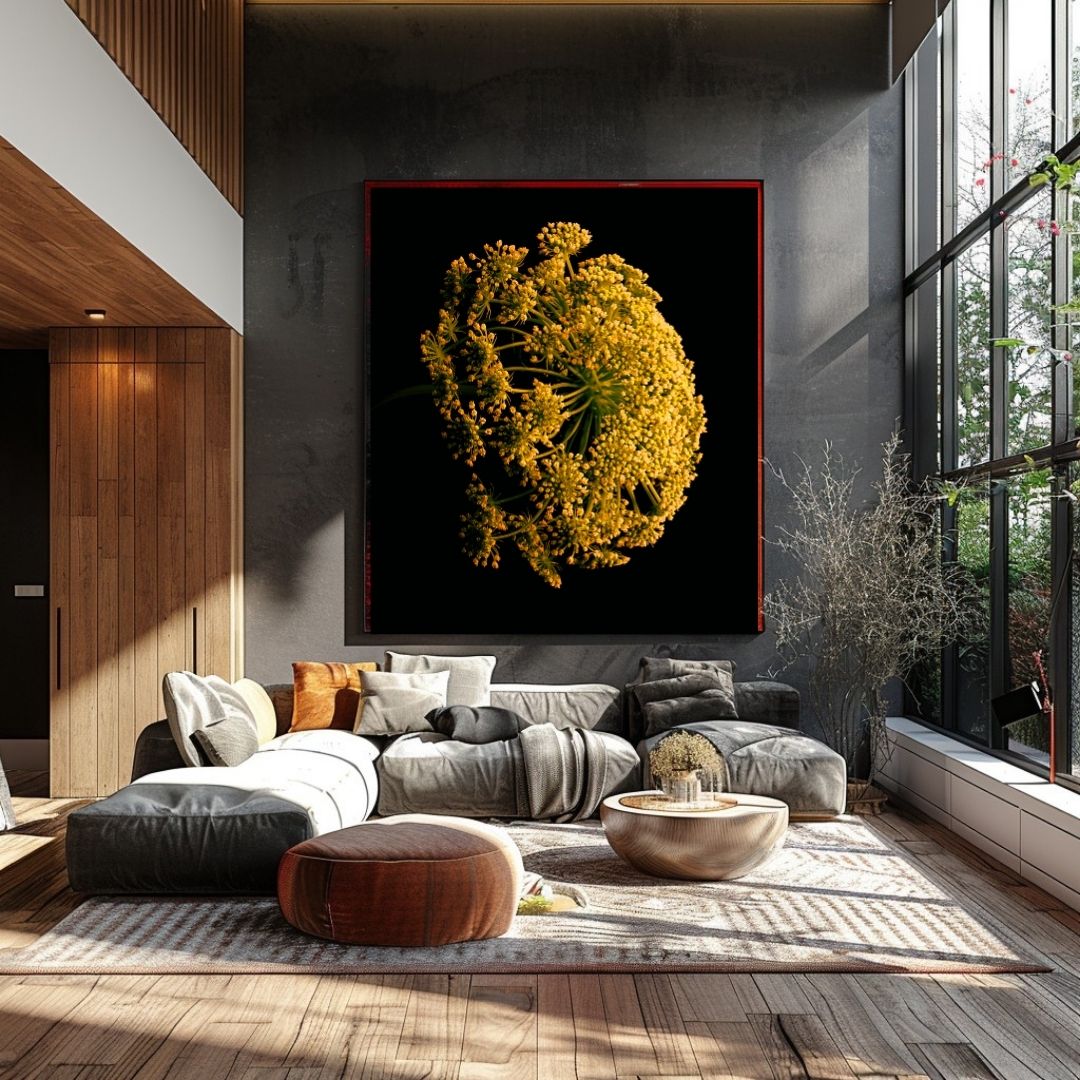 Een moderne woonkamerinterieur met warme aardetinten. Centraal op een donkergrijze betonnen muur hangt een groot ingelijst kunstwerk met een goudgele zevenblad bloeiwijze tegen een zwarte achtergrond. De woonkamer heeft een comfortabele grijze loungebank met diverse kussens in wit, oranje en grijs. Op de houten vloer staan twee poufs - één bruin leren en één ronde houten salontafel. Grote ramen van vloer tot plafond.