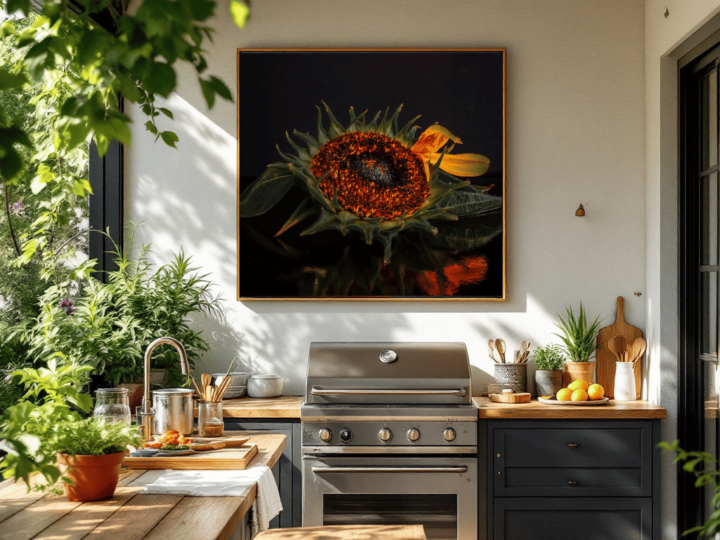 Solar Heart botanische kunstprint in houten lijst boven outdoor keuken met BBQ tussen groene planten