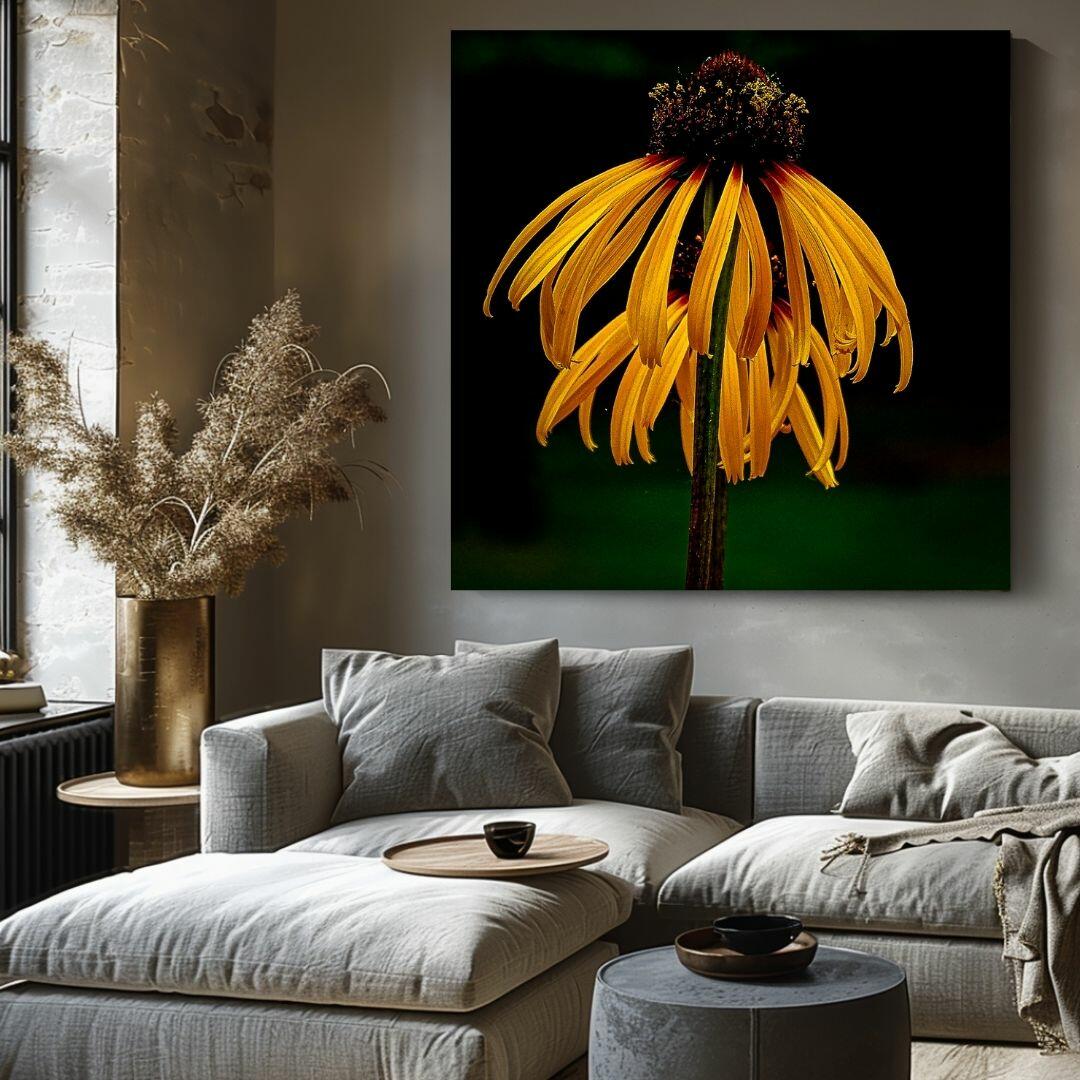 Poster van een gele zonnehoed (Echinacea) opgehangen aan de muur in een modern interieur.
